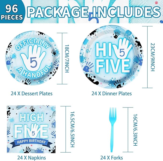 96Pcs Hi Five Party Decorations Blue High 5 Year Old Plates And Napkins Tableware Sets Officially a Handful 5th Birthday Decorations for Kids Girls Boys Five Years Old Birthday Supplies Serves 24