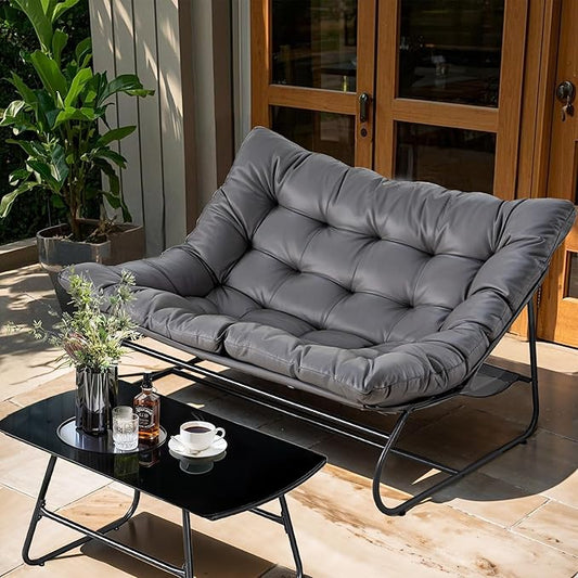 NOBLEMOOD 2 Pieces Patio Loveseat Set with Coffee Table, Outdoor Indoor Cushioned Love Seat, Metal Frame Oversized 2 Seater Chair for Porch, Garden, Living Room, Balcony