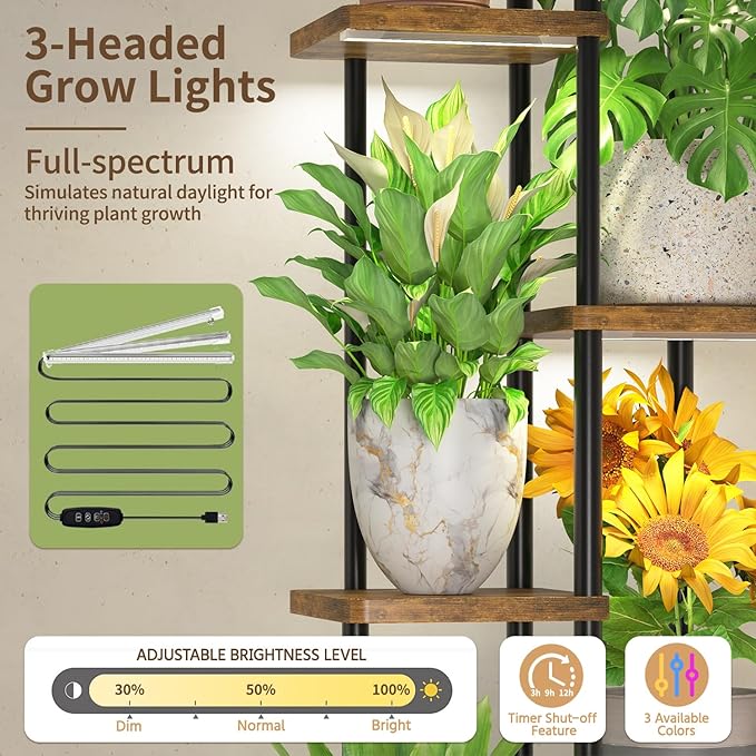 LASZOLA Black 5 Tier Wood Tall Plant Stand Indoor with Grow Lights, Large Heavy Duty Vertical Corner Rack for Multiple Planter, Sturdy Metal Rustic High Flower Shelf Holder Organizer for House Patio