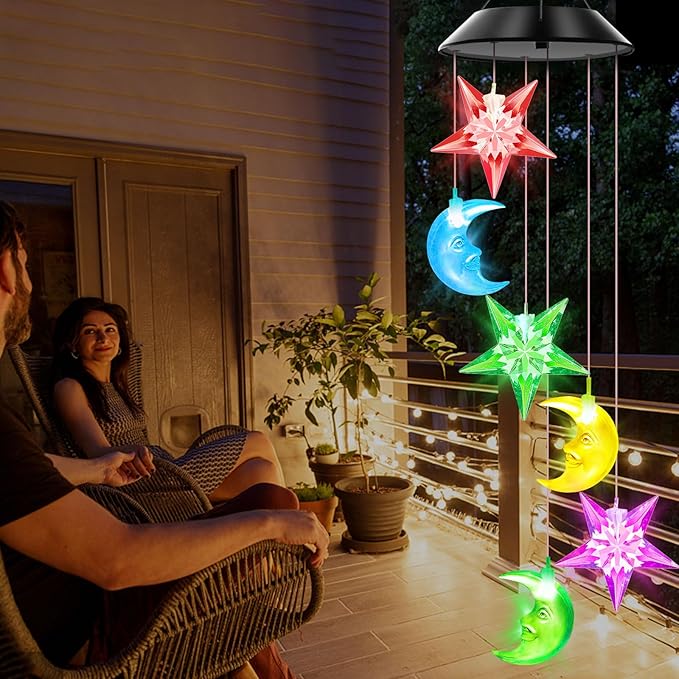 Solar Wind Chimes Outdoor Color Changing Lights, Gift for Women Mom Grandma Sister Best Gifts, Wind Chimes Unique Outdoor Garden Yard Decor (Star and Moon)