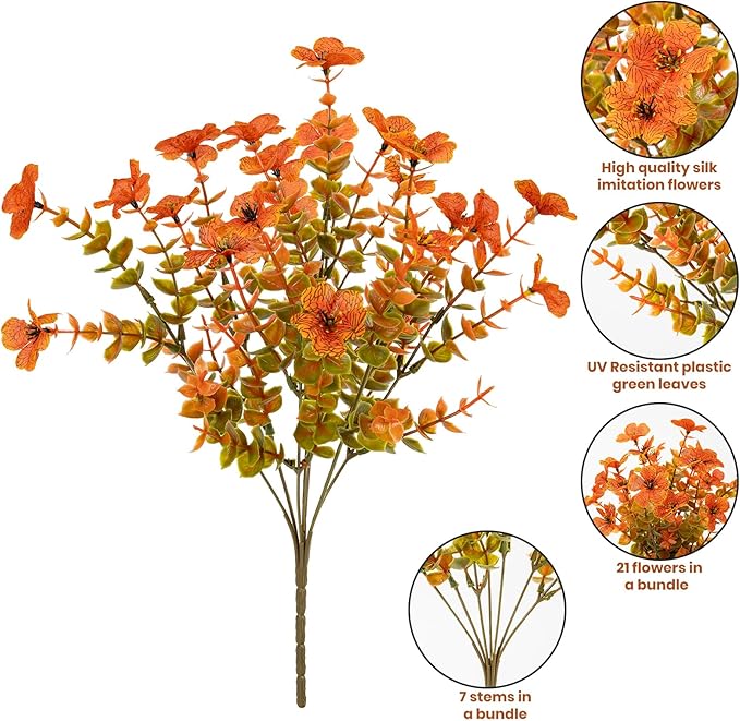 20 Bundles Artificial Fake Mums for Outdoor Fake Plants for Autumn Decoration,Faux Eucalyptus Flowers for Planter UV Resistant Lifelike for Home Porch Garden (Fall Orange)