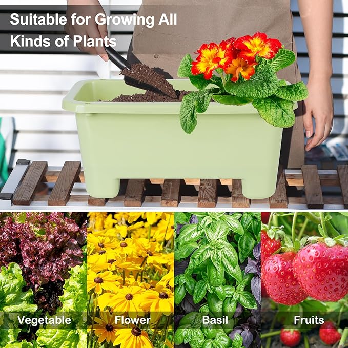 Self-Watering Rectangle Planter Boxes 8-Pack, 15.7-Inch Window Box Planter with Drainage Holes & Trays, Pots for Vegetables, Herbs, Flowers, Garden Windowsill Balcony (Light Green, 15.7*8.3*7.1 inch)