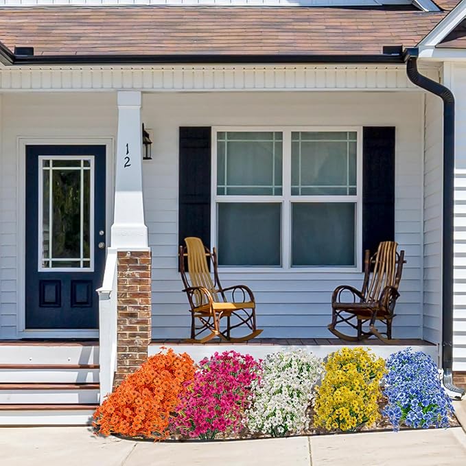 15 Bundles Artificial Flowers Outdoor UV Resistant Fake Silk Plants Plastic Faux Shrubs Outside Front Porch Window Box Garden Home Hanging Planter Decoration (Autumn Orange)