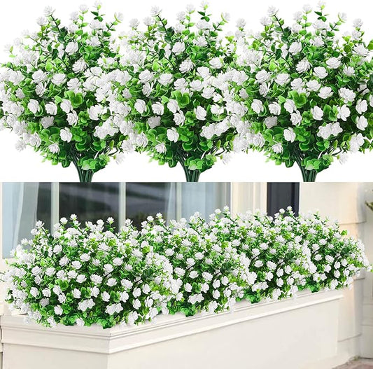 GREENRAIN Artificial Flowers Outdoor Fake Flowers for Decoration UV Resistant No Fade Faux Plastic Plants Garden Porch Window Box Décor (18 Bundles, 4#White)