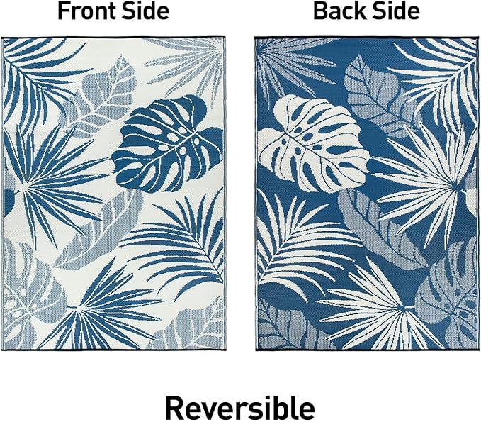 Rugshop Tropical Floral Leaf Reversible Crease-Free Waterproof Premium Recycled Plastic Outdoor Rugs for Patio,Backyard,RV,Deck,Picnic,Trailer,Beach,Camping,Sunroom Navy/Blue 7'10" x 10'