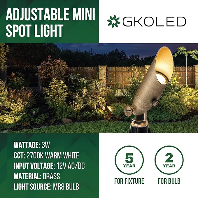GKOLED Low Voltage Solid Brass LED Spotlight, Outdoor Waterproof Landscape Lighting with MR8 Bulb, Adjustable Uplights with Stake for House Garden Trees Lawn Patio Yard Fence, 3W 12V 180LM 2700K