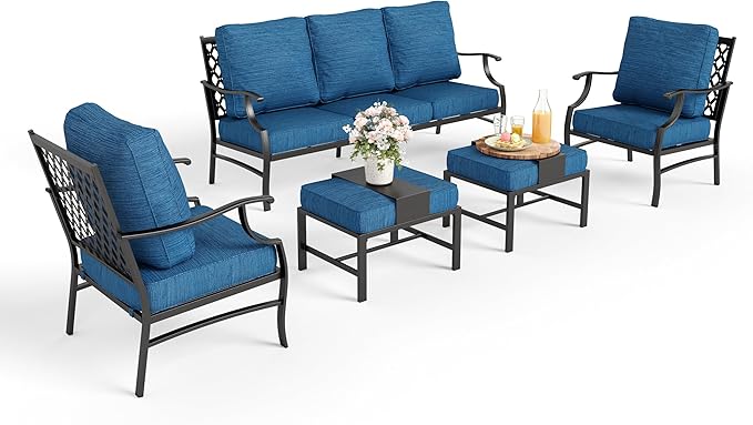 Patio Furniture Set 5 pcs, Outdoor Patio Furniture, 3-Seat Sofa, 2 Single Chairs, 2 Ottomans and 5.75" Extra Thick Cushion, Conversation Set for Backyard Deck,Gemstone Blue