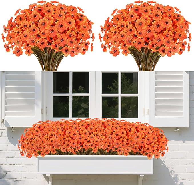 22Bunches of Outdoor Artificial Flowers, UV Resistant Fake Flowers Artificial Silk Flowers with Plastic Plants for Indoor Outdoor Front Porch Hanging Planter Decoration (22, Light autumn orange)