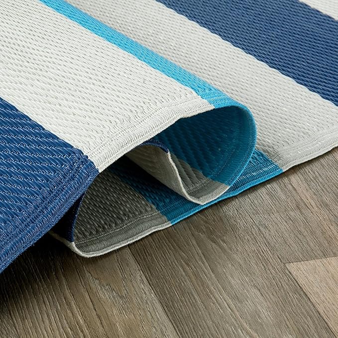 Rugshop Contemporary Stripe Reversible Crease-Free Waterproof Premium Recycled Plastic Outdoor Rugs for Patio,Backyard,RV,Deck,Picnic,Trailer,Beach,Camping,Sunroom Blue 3' x 5'