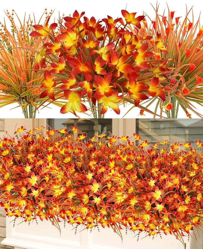 Uieke 72PCS Artificial Mums for Outdoors Fake Fall Outdoor Lavender Flowers Orange Calla Lilly and Autumn Daisy Mums Flowers No Fade for Outside Window Box Porch Planters Garden Thanksgiving Decor