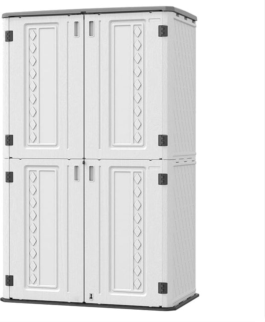 Vertical Resin Storage Shed, 52 Cubic Feet Outdoor Storage Cabinet Waterproof for Garden/Backyard/Home/Pool, Customized Shelves & Lockable(Off White)