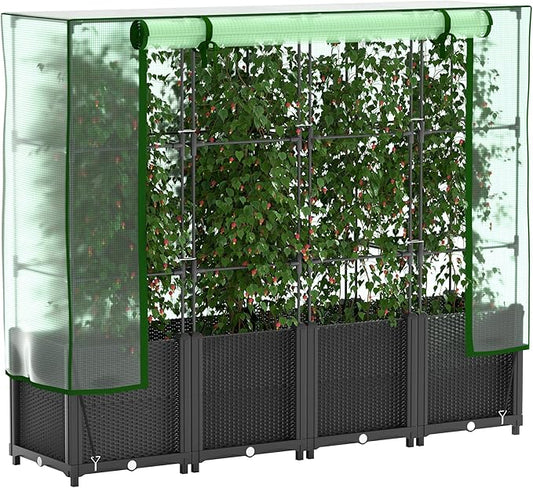 Onelike 64'' x 16'' x 55.5'' Plastic Raised Garden Bed with Greenhouse Cover and Trellis, Vertical Tomato Planters for Climbing Plants, Self Watering System Tomatoes Cage for Patio,Black,Large