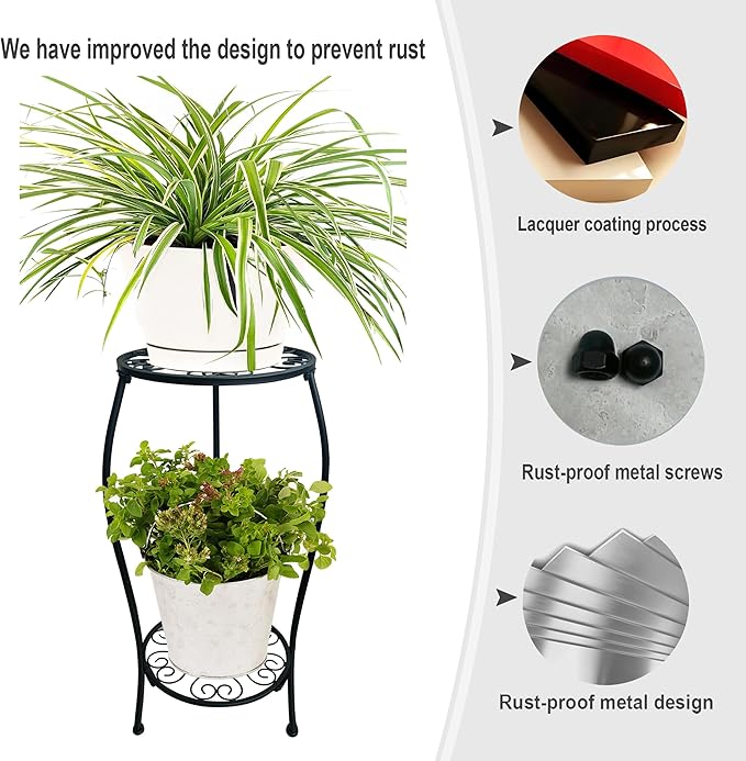 2 Pack 25.2 inch Metal Plant Stand Rack for Round Flower Pot, 2 Tier Potted Holder Indoor Outdoor Rustproof Wrought Iron Heavy Duty Planter Shelf for Corner Living Room Balcony Garden Patio, Black