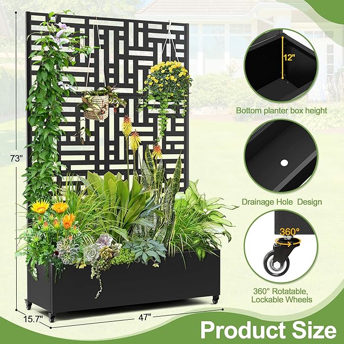 Raised Garden Bed with Trellis and Wheels,73"x47"x16" Metal Raised Garden Bed,Black Modern Metal Planter with Climbing Trellis for Vines & Vegetables