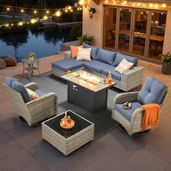 HOOOWOOO Outdoor Sectional Furniture Set with Fire Pit Table,9 Pieces Wicker Patio Conversation Sets,L Shape All Weather Outside Couch Sofa Set with Swivel Chairs Ottoman,Denim Blue