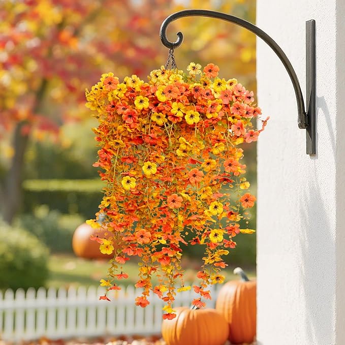 8PCS Hanging Fake Mums for Fall Decor,UV Resistant Artificial Flowers,Faux Mums for Outdoor Planters,Fall Flowers Artificial Decorations for Porch, Patio (OrangeYellow)