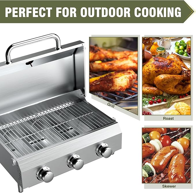 Bestfire 3-Burner Tabletop Gas Grill, 30,000 BTU Portable Propane Grill with Heavy-Duty Thickened Grates & Stainless Steel Knobs, Compact Design&Detachable Legs for Camping, RV, Backyard BBQ