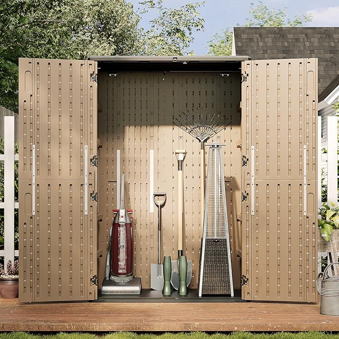 Aoxun Outdoor Storage Shed, 64 Cu.Ft Vertical Storage Sheds Outdoor with Floor, Outdoor Waterproof Storage Cabinet for Garage Storage, Pool Storage, Bike Shed, Garden Shed (Brown)