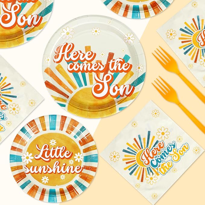 96Pcs Here Comes The Son Baby Shower Decorations Boho Retro Sun and Sunshine Plates and Napkins Sets First Trip Around The Sun Decorations Favor for Boys Sunshine 1st Birthday Party Supplies Serve 24