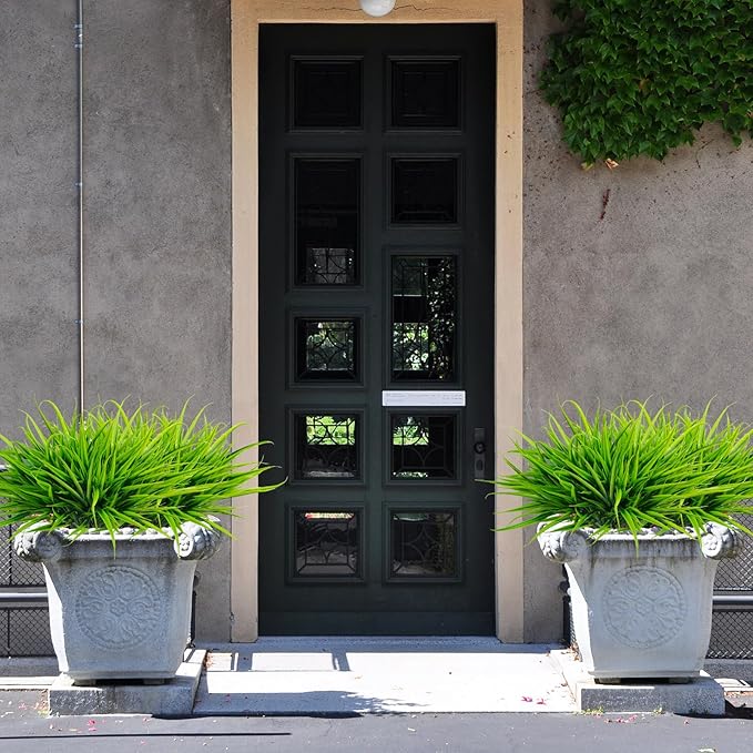 Uieke 28 Bundles Artificial Outdoor Plants UV Resistant Fake Grass Plants Faux Plastic Plants Greenery Shrubs for Home Garden Pathway Window Box Front Porch Spring Summer Decor, Green