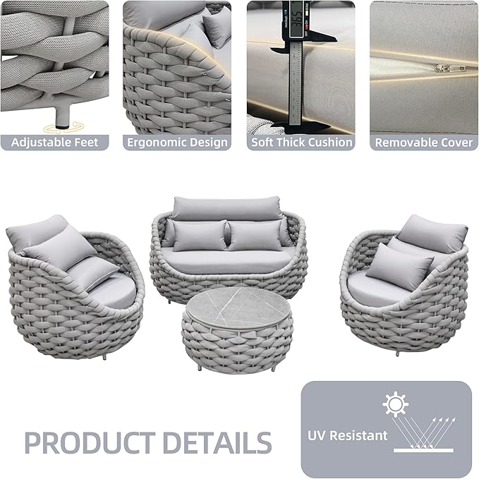 TWT Patio Furniture Sofa Set 4 Pieces Aluminum Outdoor Furniture w/27.8in Coffee Table,Patio Conversation Set with Hand Woven Textilene Rope for Backyard Garden Poolside,Light Gray