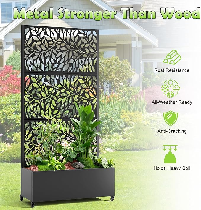 15.7"×70.9"×35.4" Metal Raised Garden Bed with Trellis and Wheels - Tall Trellis Planter Box for Climbing Plants, Vegetables & Vines - Outdoor Privacy Planters for Patio (Black)