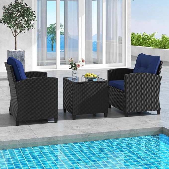 HAPPYGRILL 3 Pieces Wicker Patio Conversation Set, PE Rattan Bistro Sofa Set with Tempered Glass Coffee Table, Washable Cushions, Outdoor Furniture Set for Garden Poolside Balcony (Navy)
