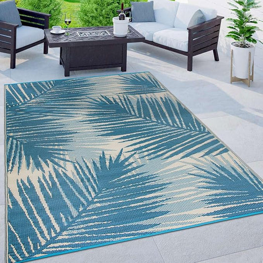 Rugshop Tropical Floral Reversible Crease-Free Waterproof Premium Recycled Plastic Outdoor Rugs for Patio,Backyard,RV,Deck,Picnic,Trailer,Beach,Camping Blue 5' x 7'