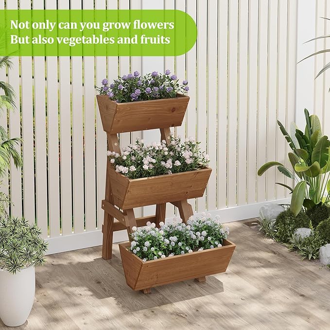 3-Tiers Wooden Raised Garden Bed Tiered Planter Box Vertical Garden Planter Wood Plant Stand for Patio, Balcony, Freestanding. (Brown S)