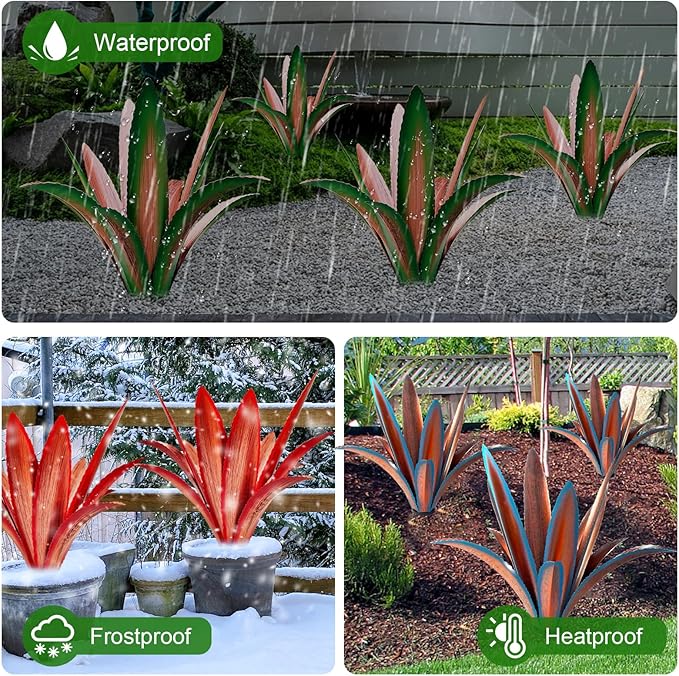 TOMBABY Enlarge Thickened Wind Resistant Metal Agave Garden Art Metal Plant Country Garden Sculpture Statue Outdoor Decoration Agave Metal Plant Courtyard Lawn Ornament Gift (2, 12 Leaves red)