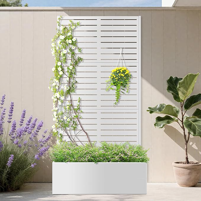 Metal Planter Box with Trellis, Planter Box with Privacy Screen, Privacy Trellis Outdoor for Climbing Plants with Drainage Holes, Raised Garden Bed for Vegetables