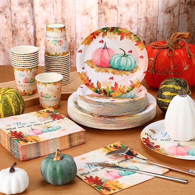 Hsei 250 Pcs Gender Reveal Pumpkin Plates and Napkins Party decorations Disposable Tableware Sets Baby Shower Birthday Party Supplies Serves 50 Guests Dinnerware Baby Bridal Shower Party Favors