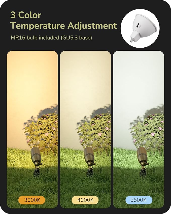 EDISHINE Solid Brass Landscape Spotlights Outdoor, 3CCT MR16 Bulb Included,Bronze Heavy Duty landscape lighting, 12V Low Voltage LED Landscape Lights, Outdoor Lighting for House Yard Lawn Tree, 6 Pack