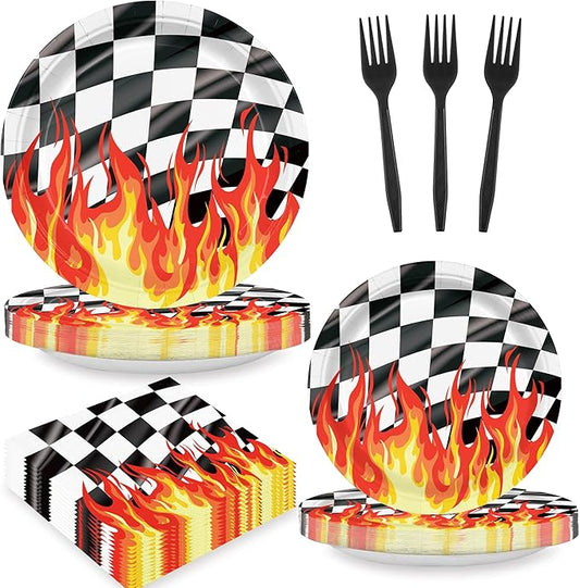 96PCS Flame Racing Party Supplies for Kids Boys Black Checkered Flag Plates and Napkins for Birthday Party Decorations Motorcycle Themed Baby Shower Paper Plates Tableware 24 Guests
