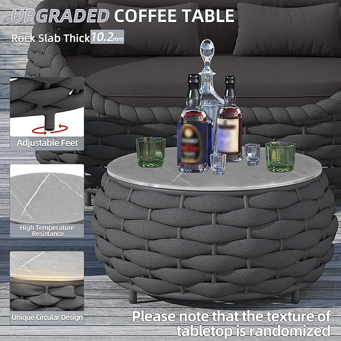 TWT 3 Pieces Aluminum Patio Furniture Set, Hand Woven Textilene Rope Outdoor Sofa Set w/Washable Cushion and Rock Slab Tabletop, Conversation Furniture for Livingroom Poolside Balcony (Dark Grey)