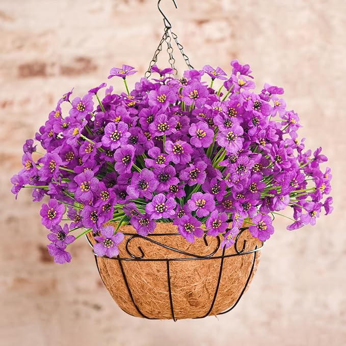 Uieke 72PCS Artificial Flowers for Outdoors UV Resistant Faux Plants Outdoor Fake Flowers for Outside Home Porch Window Box Spring Summer Décor (Purple)
