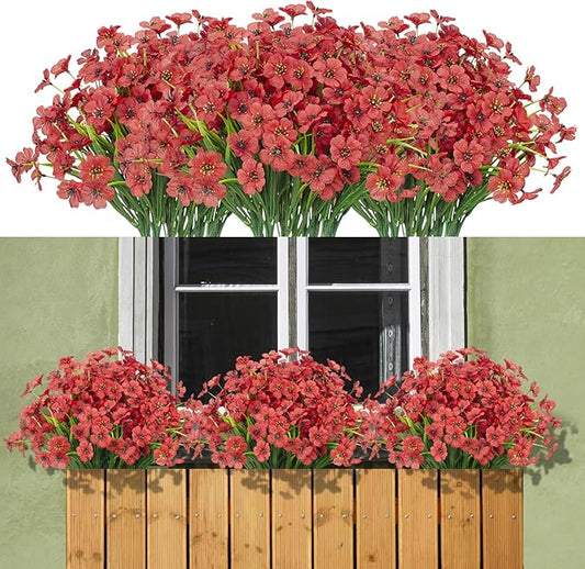 15 Bundles Artificial Flowers Outdoor UV Resistant Fake Silk Plants Plastic Faux Shrubs Outside Front Porch Window Box Garden Home Hanging Planter Decoration (Red)
