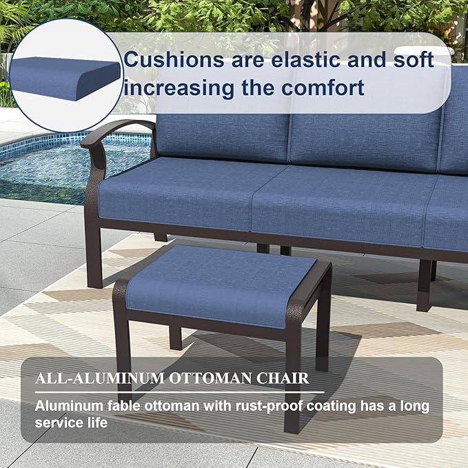 Kurapika Patio Furniture Set 10-Piece Aluminum Sectional Sofa with Armrest, Modern Outdoor Conversation Set, Metal Corner Sofa with Ottoman, Navy Blue