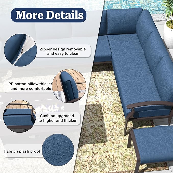 Kurapika Patio Furniture Set 10-Piece Aluminum Sectional Sofa with Armrest, Modern Outdoor Conversation Set, Metal Corner Sofa with Ottoman, Navy Blue