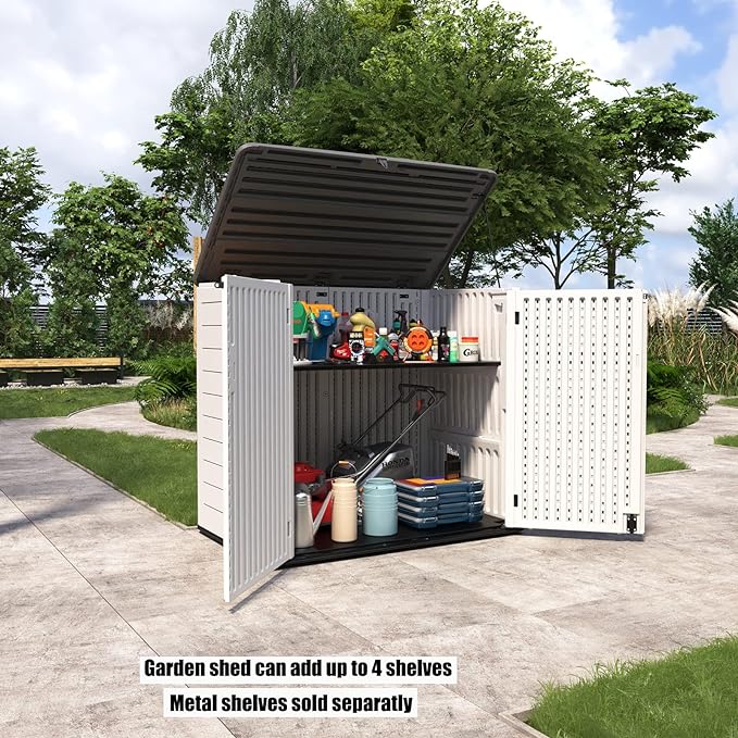 Large Horizontal Storage Sheds,38 cu.ft. Outdoor Storage Box for Garden,Patio and Backyard,Customized Shelves &Lockable(Off White)