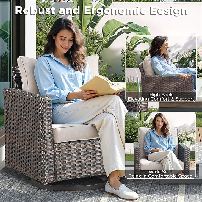 6 Pieces Patio Furniture Set-All Weather Outdoor Swivel Rocker Patio Chairs with Deep Seat Sofa Ottomans and Glass Side Table, Outdoor Conversation Sets for Garden Backyard Deck(Brown/Beige)