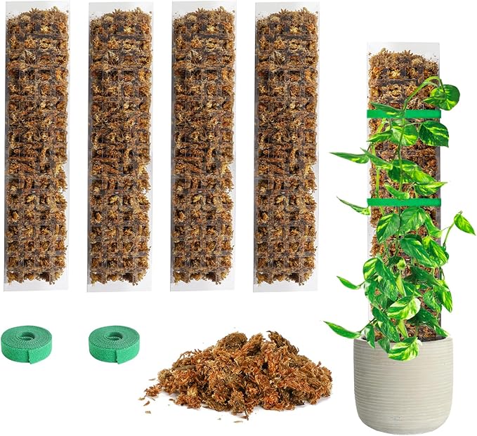Bonviee 4-Pack 15-Inch Plastic Moss Poles for Monstera & Climbing Plants - Stackable to 60 Inches, Includes Sphagnum Moss & Garden Ties for Indoor Plant Support