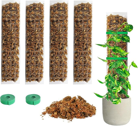 Bonviee 4-Pack 15-Inch Plastic Moss Poles for Monstera & Climbing Plants - Stackable to 60 Inches, Includes Sphagnum Moss & Garden Ties for Indoor Plant Support