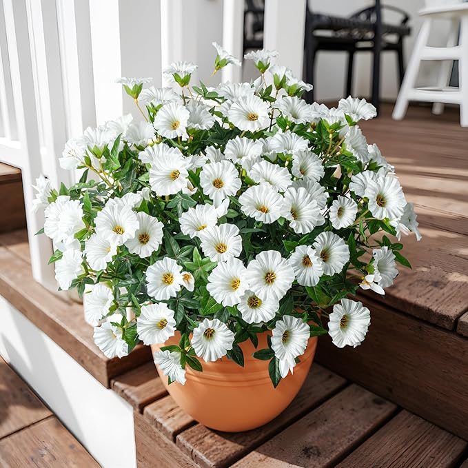 UV Resistant Artificial Petunias 13.3In Fake Flowers Artificial Flowers for Outdoors Silk Flowers 8PCS Fake Hanging Basket Plants Suitable for Outdoor Porch Decoration Patio Decor (White)