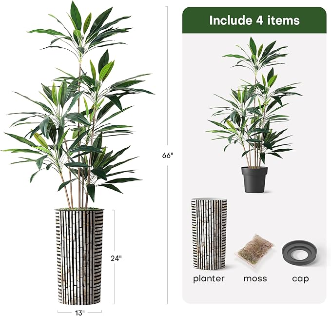 Artificial Tree in Black and Brown Striped Planter, Fake Dracaena Tree Silk Tree for Indoor and Outdoor Home Decoration - 66" Overall Tall (Plant Pot Plus Tree)