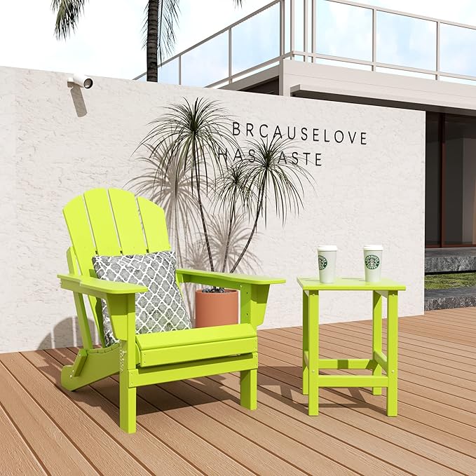 WO Home Furniture Adirondack Chair Table Set of 2 PCS Outdoor Folding Chair w Side Table Weather/UV Resistant for Lawn, Garden, Bon Fire, Balcony (Lime)