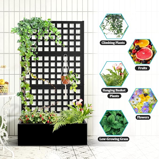 Metal Planter Box with Trellis, Planter Box with Privacy Screen, Privacy Trellis Outdoor for Climbing Plants with Drainage Holes, Raised Garden Bed for Vegetables