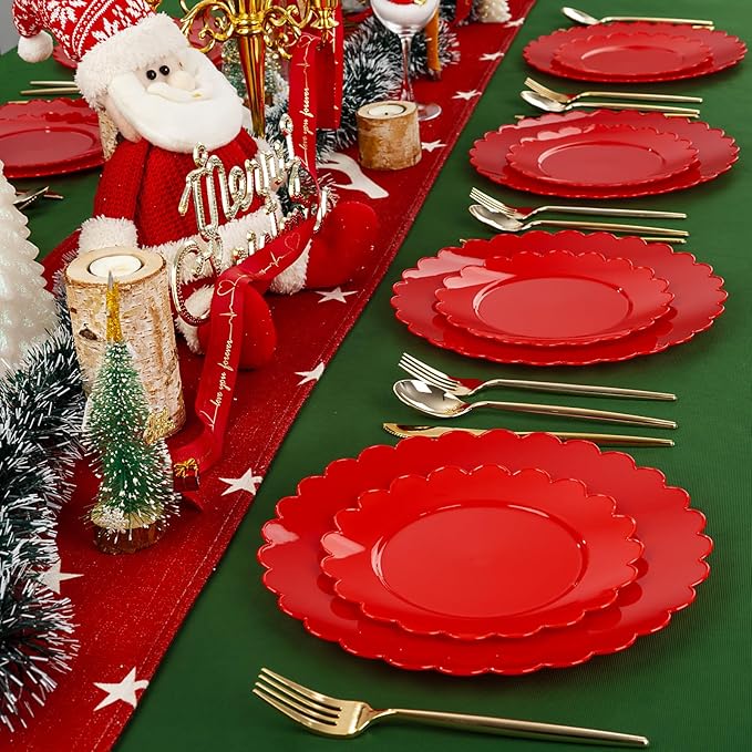SUT 72Pcs Red Plastic Plates,10.25inch Red Dinner Plates, Disposable Dinner Plates, Red Heavy Duty Plastic Plates, Disposable Plates, Red Scallop Plastic Plates for Party