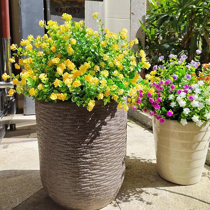 12 Bundles Artificial Flowers for Outdoors, UV Resistant Fake Flowers with Plastic Plants, Faux Flowers for Outside Window Box Front Porch Hanging Planter Decor (Yellow)