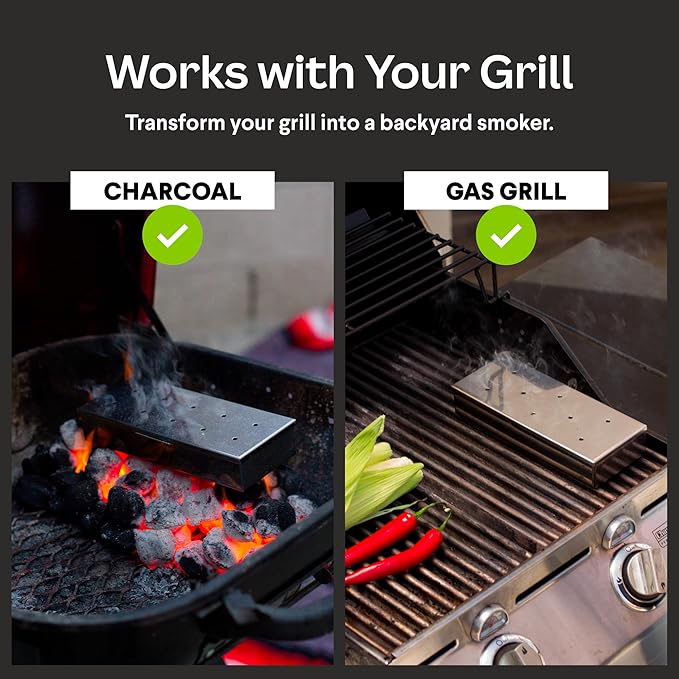 BBQ Smoker Box Kit – Stainless Steel Smoker with Hinged Lid, Apple Wood Chips, Hickory Salt – Grilling Accessories and Grilling Gifts for Men – Great Birthday Gifts for Men Who Love to BBQ